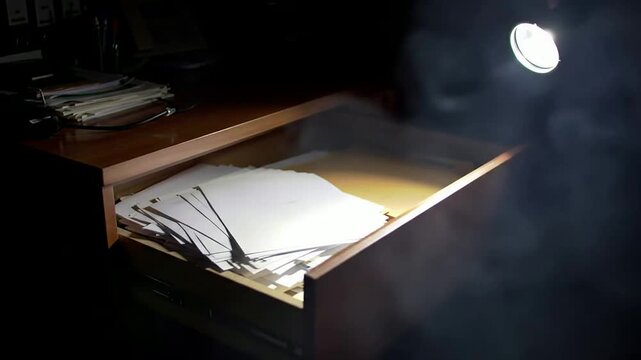 Medium Shot of Office Desk Drawer Illuminated by Flashlight in Dark Room Revealing Files and Documents Creating a Mysterious Atmosphere
