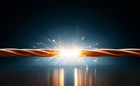 Two copper wires emitting a powerful bright electrical spark explosion