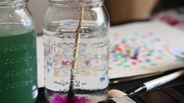 Artist washing a watercolor brush in a glass jar of water