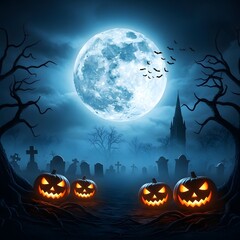 Fototapeta premium Glowing jack-o'-lanterns in misty graveyard with full moon and flying bats in dark night forest for Halloween background Happy Halloween