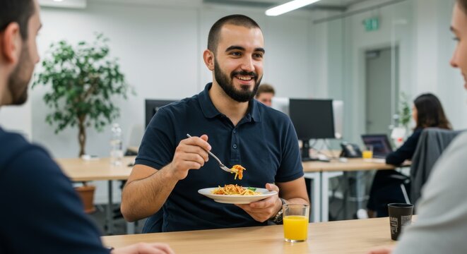 A man with a beard eating lunch at a wooden desk in an office setting. Office worker enjoying meal during break.