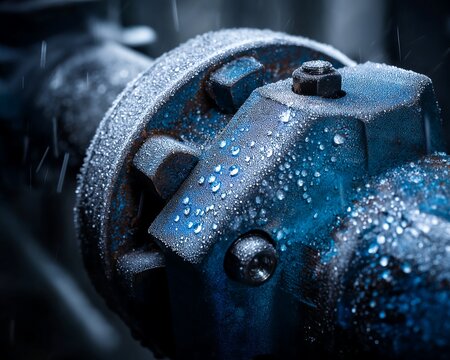 Industrial Pipe Connection with Frost and Water Drops, Cold Conditions