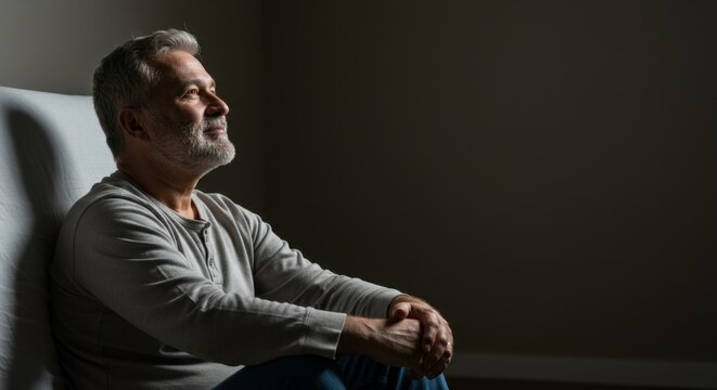Caucasian man with gray beard looking up with hope, sitting in dark room. Concept of depression, stress, sadness.