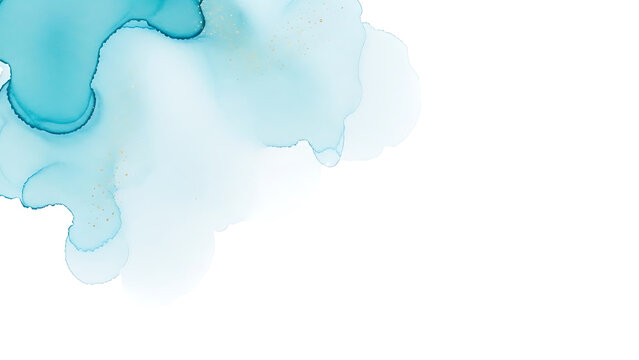 Blue ink watercolor splotch on white background with gold flecks