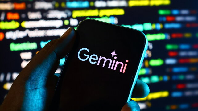 Person holding smartphone with gemini logo, digital code on background, cryptocurrency exchange.