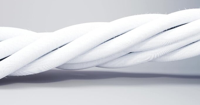 3D animation of a thick braided rope or tourniquet of bright white color, placed horizontally on a neutral light background. Smooth, spiraled strands create a soft relief and demonstrate the clean, sm