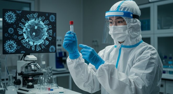 Asian female scientist wearing personal protective equipment holds a test tube vial with coronavirus on a display, medical research concept.
