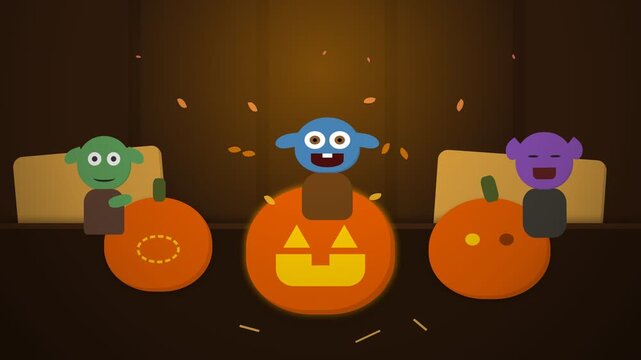 Animated Halloween Scene Featuring Cute Cartoon Monsters and Jack O Lantern Pumpkins.