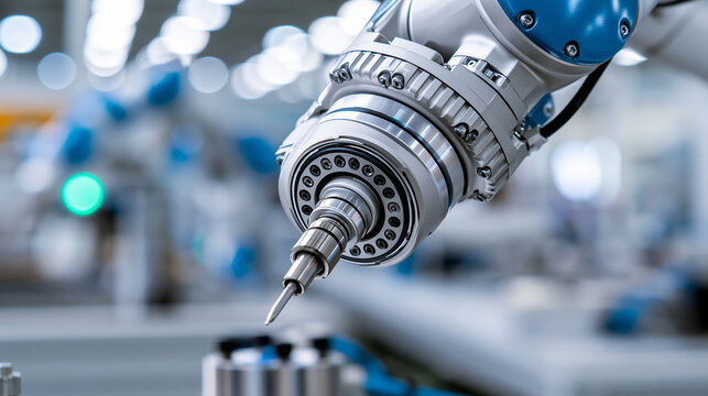 Close-up of modern industrial robotic arm with manipulator working in high-tech factory laboratory setting showcasing advanced automation and precision engineering, manufacturing