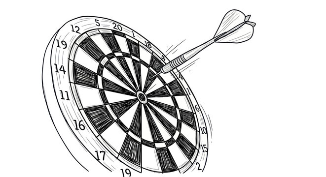 Hand drawn dart hitting the bullseye on a target board