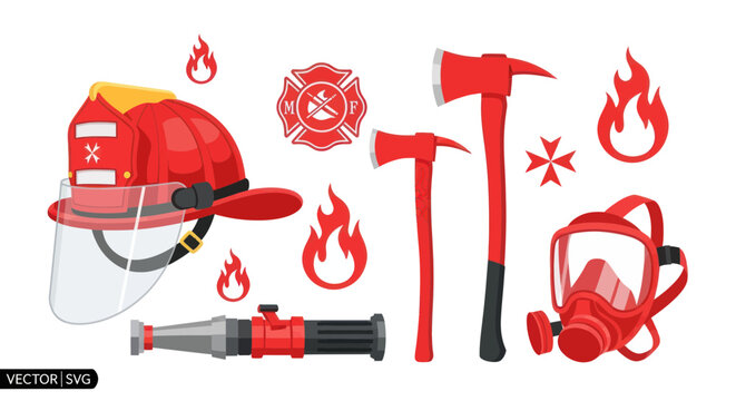 Firefighter safety gear set with red helmet axes and gas mask