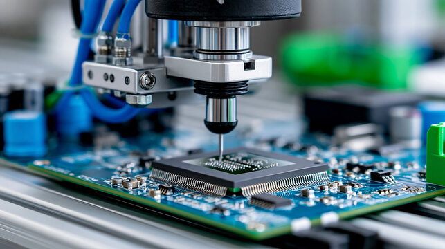 Circuit board with advanced microchip on fully automated PCB assembly line at electronics manufacturing facility, electronic production concept, manufacturing photography, blurred