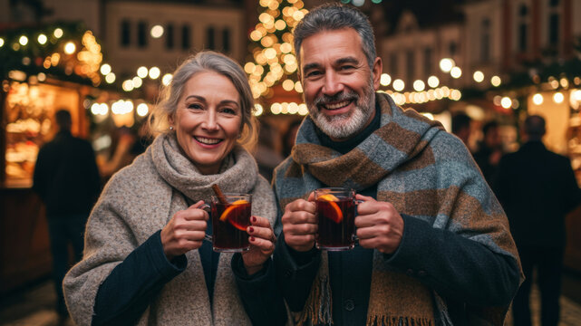 Smiling woman and man enjoying mulled wine. Happy couple at Christmas market. Winter holiday celebration and festive lifestyle.