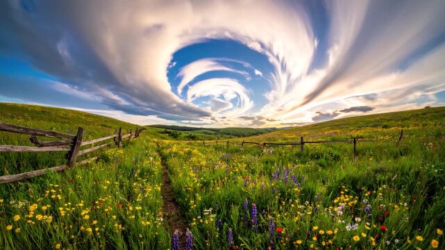A scenic meadow, wooden fence, winding path, and swirling cloud formation above