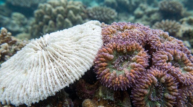 Bleached White Mushroom Coral Beside Healthy Purple Corallimorph Polyps on Coral Reef