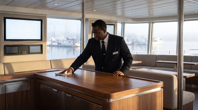 Professional male steward cleaning a wooden counter on a luxury yacht