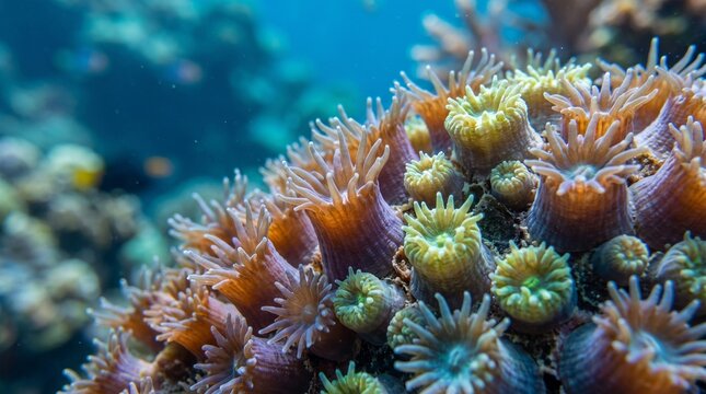 Macro Shot of Colorful Stony Coral Polyps on Tropical Reef Underwater Ocean Life