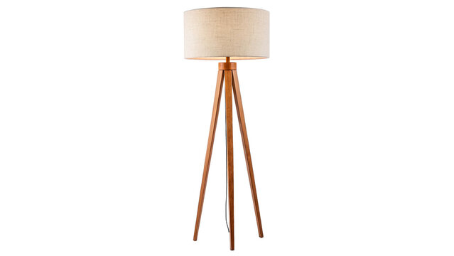 Modern minimalist wooden tripod floor lamp with fabric shade isolated on transparent background cut out