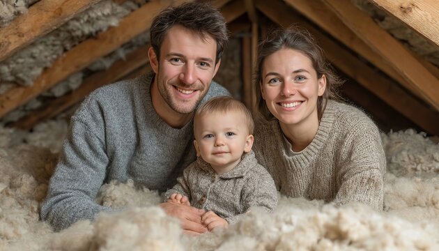 Happy Young Family Sitting Inside Attic With Energy Efficient Installation For Home Renovation