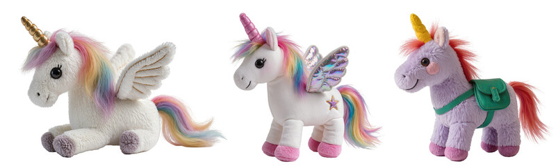 Three plush unicorn toys with rainbow manes and tails, isolated on a white background © david