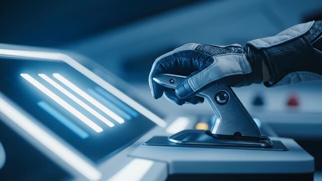 Pilot hand wearing a glove operating a digital control lever in a futuristic cockpit. Interface screen displaying data metrics for aerospace vehicle navigation