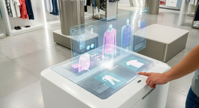 Man using holographic virtual display in a clothes store. Future commerce shopping experience with immersive digital technology for retail.