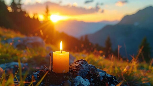 Candle burning atop a stone, with sunset over mountains