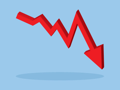 3D isometric red declining arrow chart icon with shadow on light blue background. Volume down trend symbol for financial market crash, economic loss, business risk and negative statistics analysis