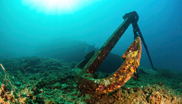 Majestic rusty ship anchor resting on an algae-covered seabed illuminated by bright sunrays in crystal clear blue underwater environment near a distant shipwreck.