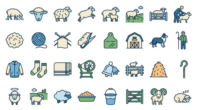Sheep farming and wool production icon set, livestock line vector icons