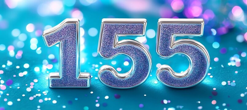 Luxurious 155 Number Made of Shining Silver and Purple Glitter Assets Isolated on Turquoise Backdrop