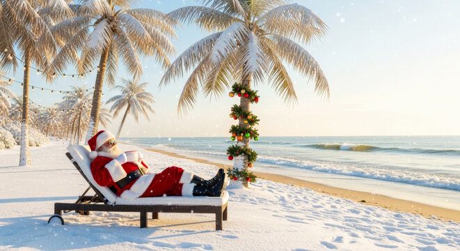 Santa Claus relaxing on a beach with snow and palm trees decorated for Christmas. Winter holiday vacation destination.