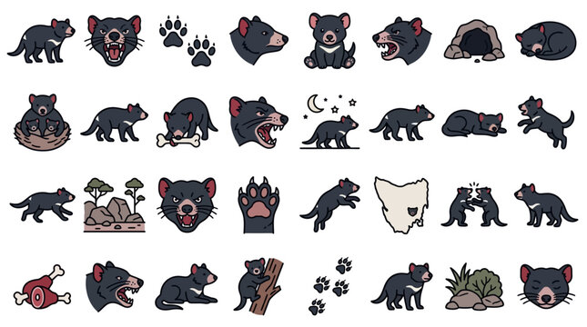 Tasmanian devil icon set, cute cartoon australian animals and habitat elements vector