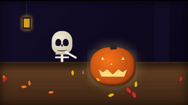 Animated Halloween Scene Featuring A Cute Skeleton And A Glowing Jack O Lantern.