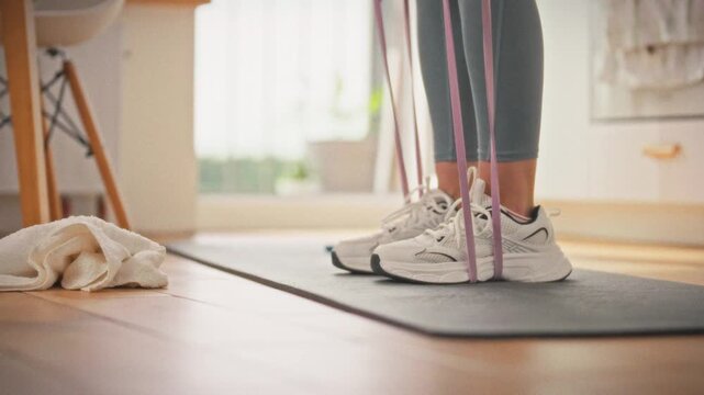 A girl in sportswear performs resistance band exercises on a mat in her living room, using an elastic band to strengthen muscles. The routine reflects a mindful approach to physical activity at home