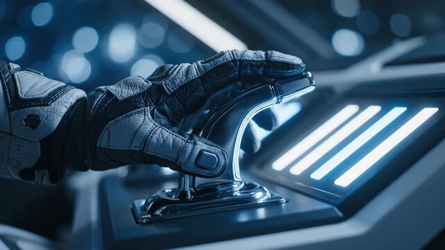 Astronaut hand in futuristic glove pushes control lever on spaceship panel. Pilot operating advanced console in cockpit. Space exploration mission control technology