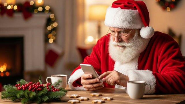Santa claus is looking at his mobile phone for messages on Christmas. This is a very interesting concept for a Christmas card.