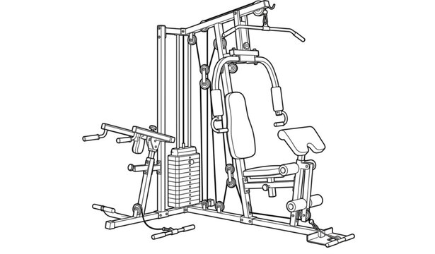 Home Gym Machine with Lat Pulldown Bar Black and White Vector Illustration