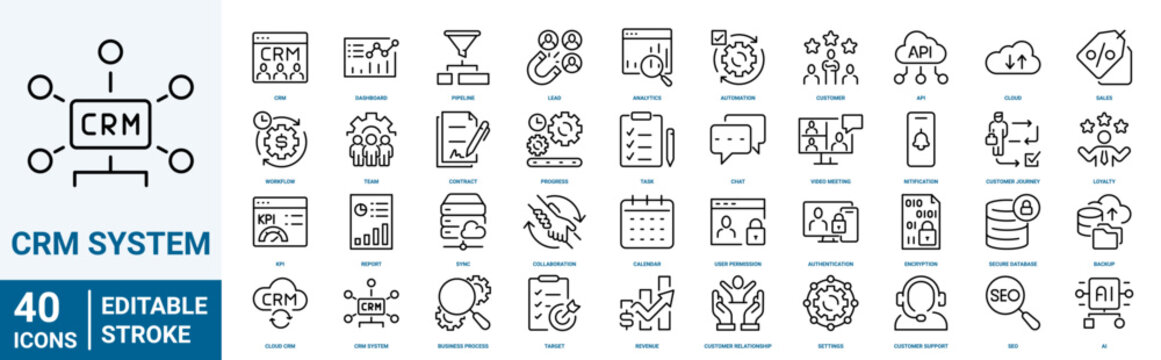 Set of 40 outline icons for CRM systems and customer relationship management. Linear icon collection. Editable stroke. Vector illustration.