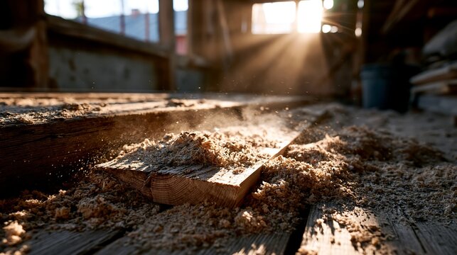Sunlit Wood Dust and Sawdust on Plank in Rustic Workshop Background