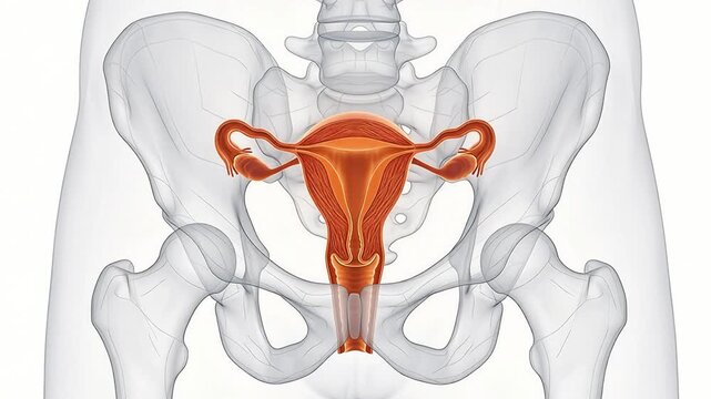 Female Reproductive System Uterus and Ovaries in Transparent Wireframe Body Animation