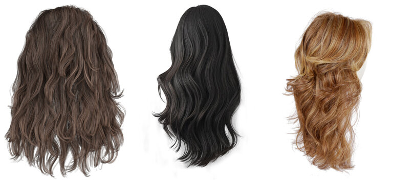 Three different styles of wavy hair extensions or wigs, isolated on a white background