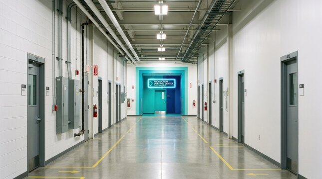 Factory Corridor with Industrial Doors, Overhead Lighting, and Ventilation Pipes Leading to a Production Control Center Entrance