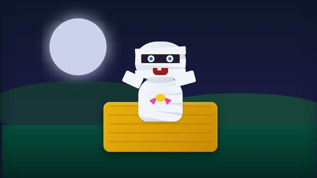 Animated Mummy Character Dancing Under the Full Moon in a Spooky Night Setting.