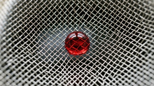 Fine Metallic Mesh with a Red Reflective Bead Trapped in It Featuring Macro Shot, Close-Up, Texture with Industrial and Grid Elements for Pattern