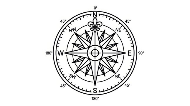 Vintage nautical compass rose icon, black and white wind rose with fleur-de-lis, marine navigation map symbol on white background