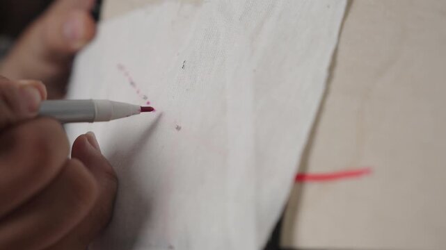 Fashion designer marking sewing guidelines on muslin fabric for custom wedding dress pattern development