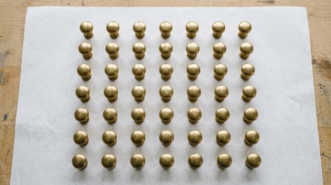 Push Pins on Paper Sheet, Top-Down View of Shiny Brass Thumbtacks Arranged in Neat Grid Pattern for Office Organization Concept