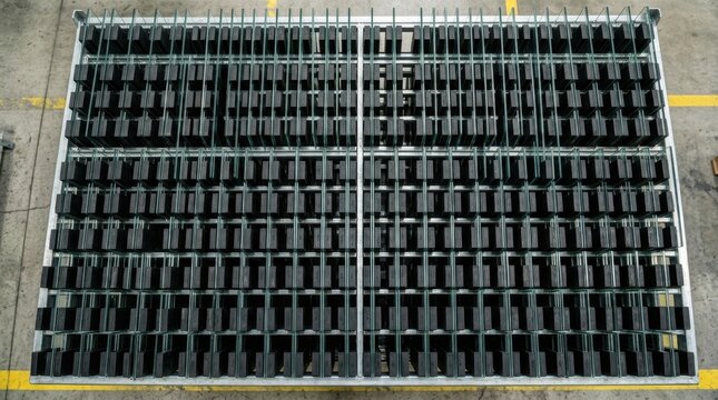 Rack of Specialized Protective Rubber Components on a Warehouse Floor Featuring Top-Down View, Industrial, Manufacturing with Storage and Organized