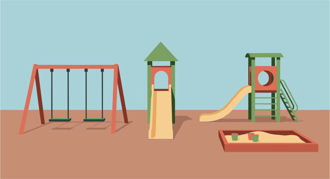 Playground equipment with swings slide and sandbox on a flat surface under soft daylight